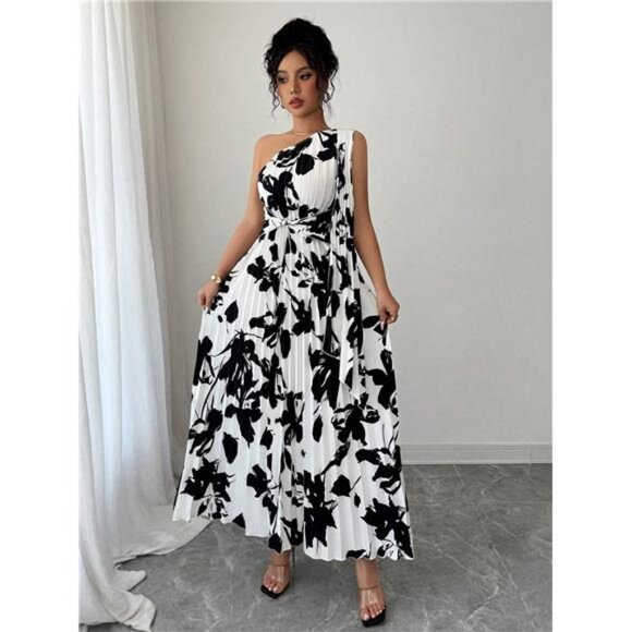 NEW - Elegant Women's Floral Pleated Elegant One Shoulder Dress - Picture 3 of 7